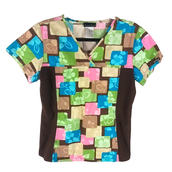 Vintage Cherokee Women's Scrub Top Size Small Pink Blue Brown Faded Look - Picture 7 of 7